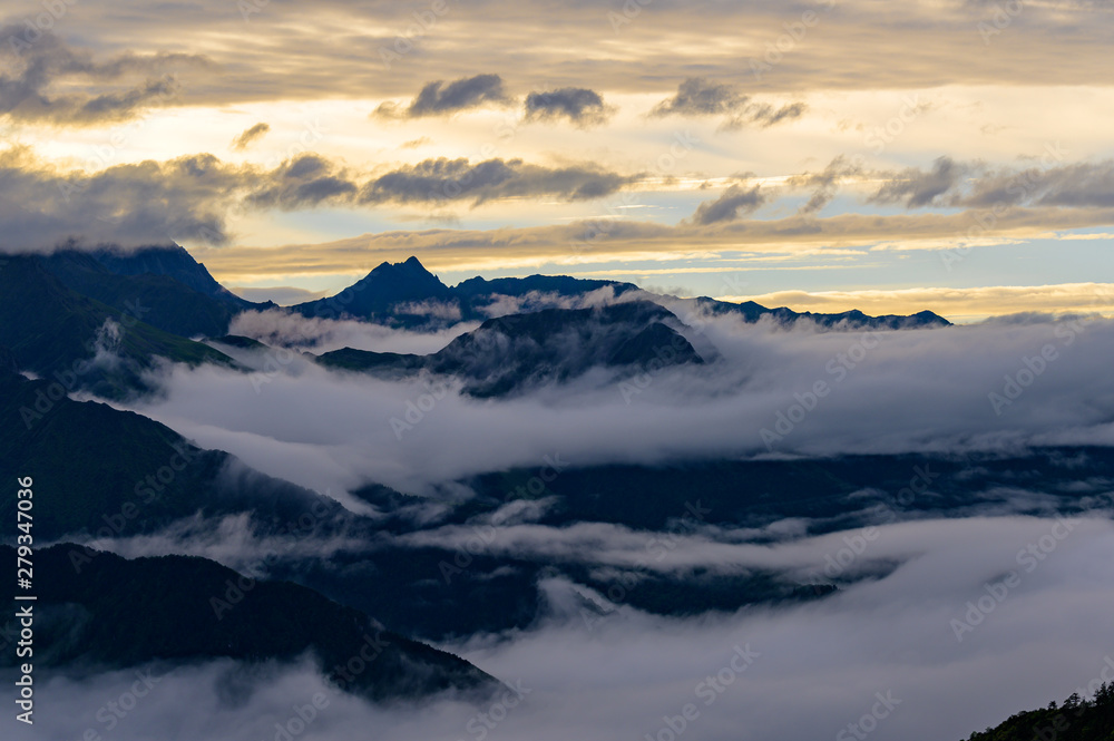 The clouds sea and sunrise in the mountains in West Sichuan, China.
