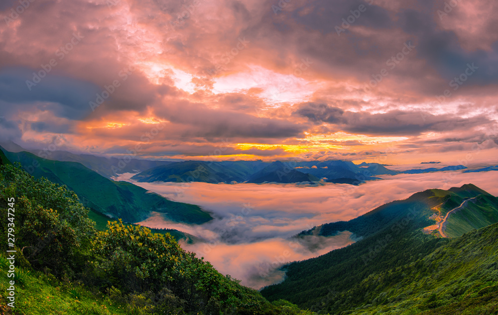The clouds sea and sunrise in the mountains in West Sichuan, China. The clouds sea and sunrise in the mountains in West Sichuan, China.