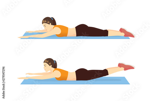 Woman doing exercise with Super hero flying position on blue mat in 2 step for guide. Illustration about Workout diagram. 