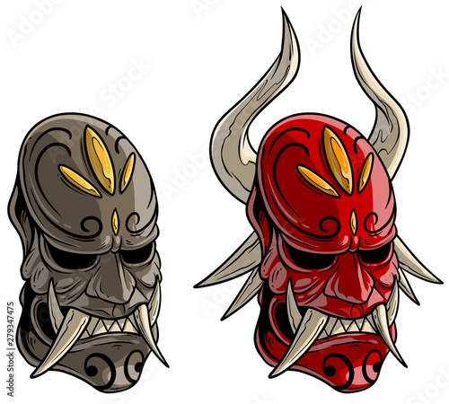 Cartoon detailed scary evil devil japanese samurai demon mask with horns and canines. Isolated on white background. Vector icon set.