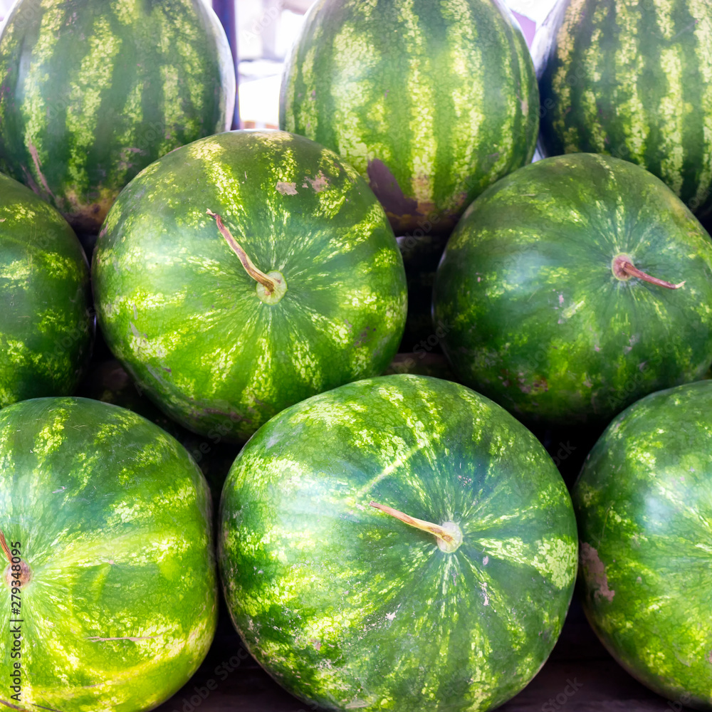 Many large sweet green watermelons lying in a row. Many large sweet green watermelons lying in a row.