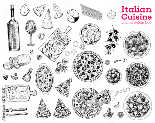 Italian food sketch. Set of Italian dishes with pasta, pizza, ravioli and ingredients. Food menu design template. Italian cuisine. Vintage hand drawn sketch vector illustration. Engraved image