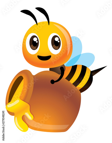 Cartoon cute happy bee carry a big honey pot full with golden yellow honey - Vector illustration isolated