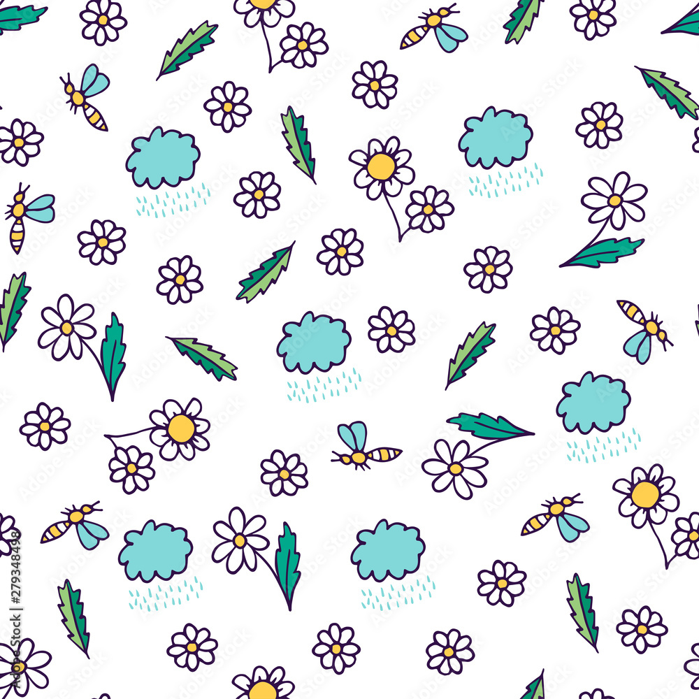 Baby seamless pattern. Chamomile, cloud, green leaves