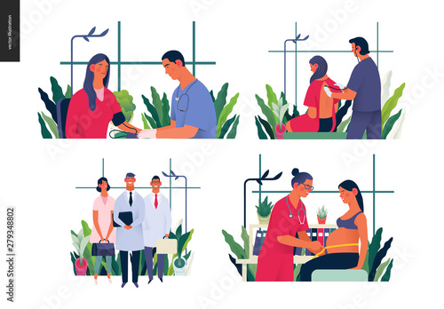 Set of medical insurance illustrations - blood pressure test, auscultation, medical guide, routine pregnancy cover - modern flat vector concept digital illustrations, insurance plan metaphor