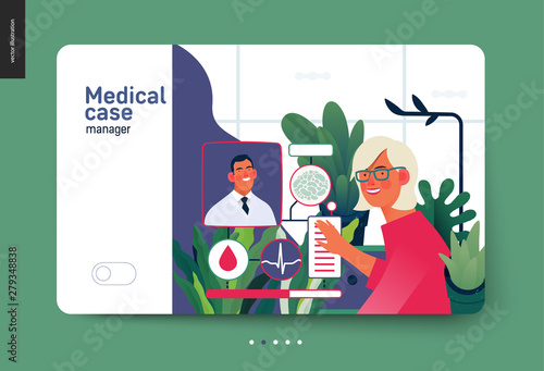 Medical insurance template -medical case manager -modern flat vector concept digital illustration of a manager reordering the medical procedures and diagnosiss, process metaphor, medical insurance