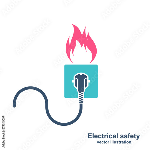 Colorful silhouette fire wiring. Socket and plug on fire from overload. Electrical safety concept. Vector illustration flat design. Isolated on background. Short circuit electrical circuit.