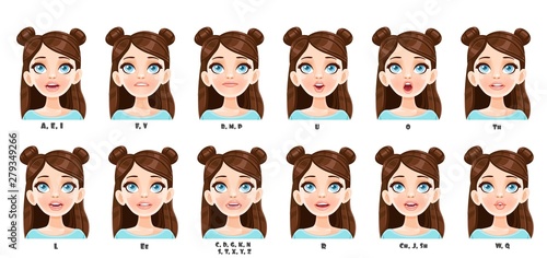 Cute cartoon brunette girl talking mouth animation. Female character speak mouths expressions