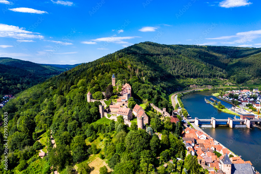 Aerial view, Castle Hirschhorn at river Neckar, Odenwald, Hesse, Germany, - obrazy, fototapety, plakaty 