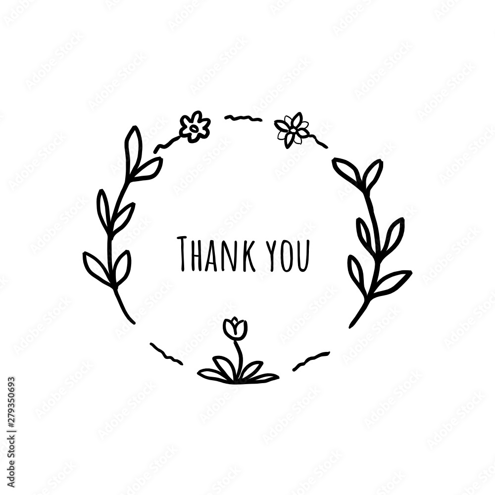 Flowering around Thank you text. Hand drawn vector ink illustration isolated on white background. Digital painting art drawing. Only outline, contour.