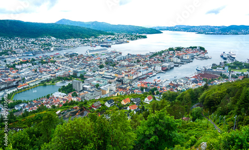View of Bergen city with harbor from view point above the city, Norway