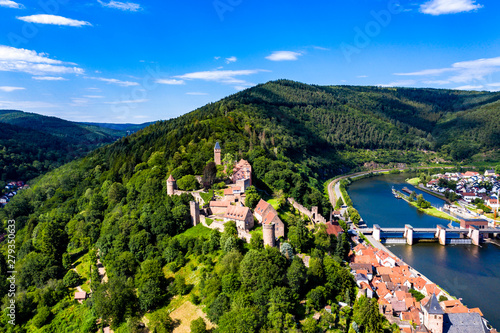 Aerial view, Castle Hirschhorn at river Neckar, Odenwald, Hesse, Germany, photo
