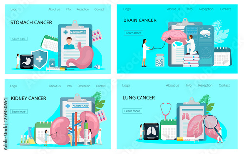 Landing pages of stomach, kidney, brain, lung cancer concepts vector. Healthcare, chemotherapy, hospice, oncological disease flat design illustration for poster, banner, flyer, app.