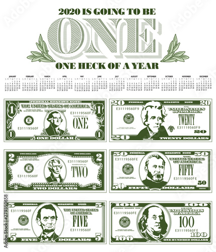Catchy 2020 calendar with six detailed, stylized drawings of bills to choose from  