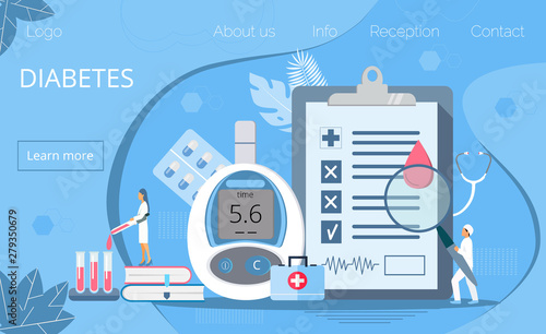 Landing page with magnifier and blood glucose testing meter, doctors, tiny people. Type 2 diabetes and insulin production concept vector.