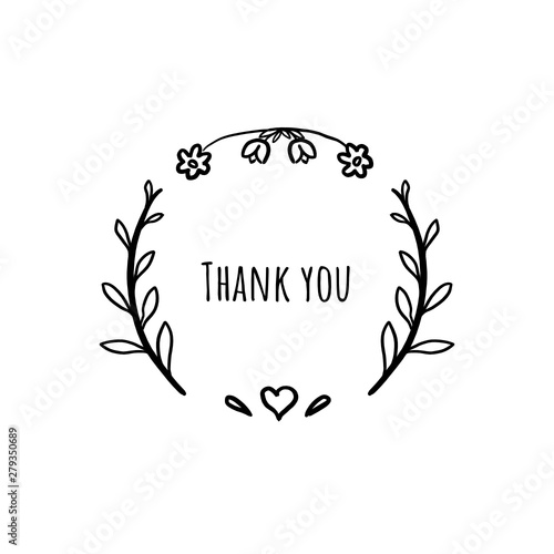 Decorative flowering frame around Thank you text. Hand drawn vector ink vintage illustration isolated on white background. Digital painting art drawing. Only outline, contour.