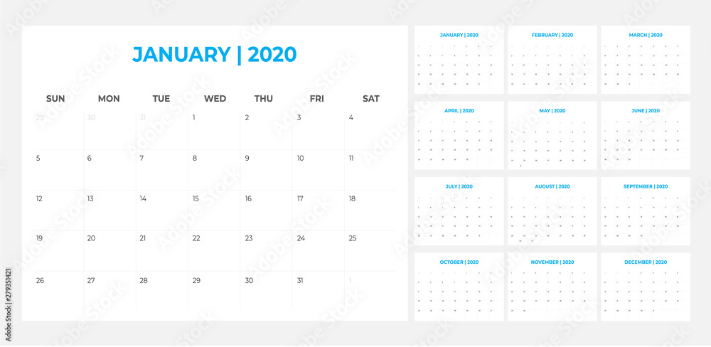 2020 Calendar - illustration. Template. Mock up 2020 Calendar - illustration. Template. Mock up