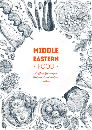 Middle eastern cuisine top view frame. Food menu design with hummus, kebab, shawarma, gefilte fish, matzoh ball soup. Vintage hand drawn sketch vector illustration. Middle eastern traditional food.