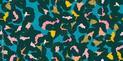 Leopard spots, hand-drawn abstract flowers seamless pattern design. Vector background