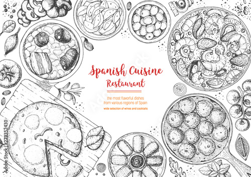 Spanish cuisine top view frame. A set of spanish dishes with albondigas, tortilla, fabada, paella, croquetas. Food menu design template. Vintage hand drawn sketch vector illustration. Engraved image