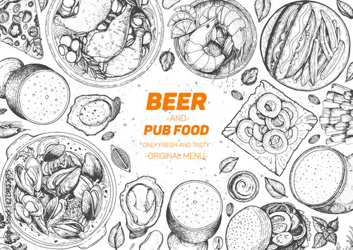 Pub food frame vector illustration. Beer, meat, mussels, fast food and snacks hand drawn. Food set for pub design top view. Vintage engraved illustration for beer restaurant.