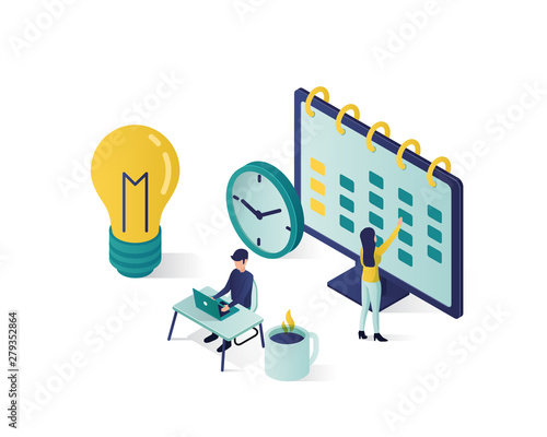 vector isometric illustration. isometric people characters make an schedule in the calendar. design business graphics tasks scheduling on a week vector isometric illustration