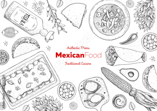 Mexican food top view frame. A set of mexican dishes with enchiladas, burritos, tortilla soup, poblanos, tacos. Food menu design template. Vintage hand drawn sketch vector illustration.Mexican cuisine