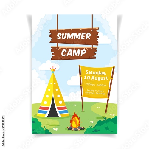 Summer camp colorful vertical vector advertisement poster template for printing and web. Wigwam or teepee like tent and campfire in the green meadow. Children outdoor scout summer activity.