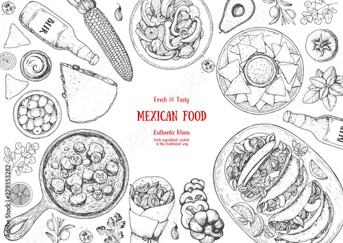 Mexican food top view frame. A set of mexican dishes with quesadillas, burritos, nachos, fajitas. Food menu design template.Vintage hand drawn sketch vector illustration.Mexican cuisine engraved image