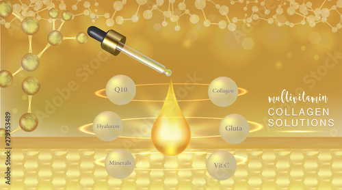 Hyaluronic acid plus multivitamins and minerals skin solutions ad, gold collagen serum drop with cosmetic advertising background ready to use, illustration vector.
