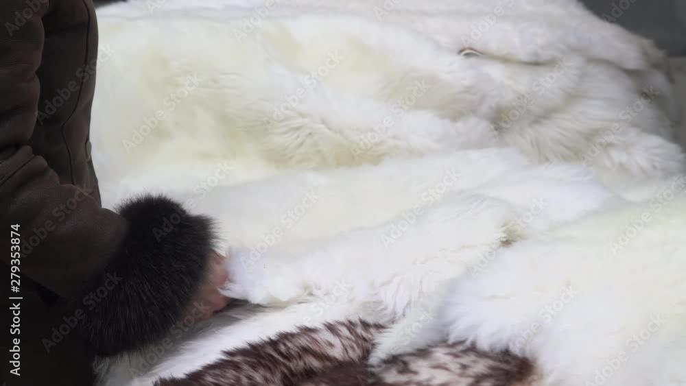 Costumer picking warm winter sheep fur in the market. Woman hands choosing animal skin mat or carpet for sale in city street market Costumer picking warm winter sheep fur in the market. Woman hands choosing animal skin mat or carpet for sale in city street market