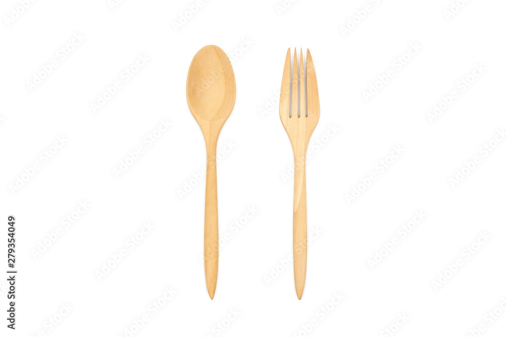 Wooden spoon and fork, isolated on white background. Top view image. Wooden spoon and fork, isolated on white background. Top view image.