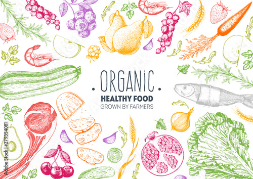 Healthy food frame vector illustration. Vegetables, fruits, berries, meat hand drawn. Organic food set. Good nutrition. Hand drawn sketch. Engraving style. Bright design template.