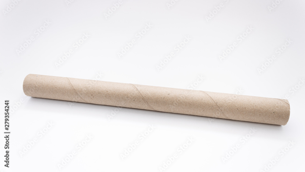 Carton cylindrical paper roll tube or pipe with holes on white gray background Carton cylindrical paper roll tube or pipe with holes on white gray background