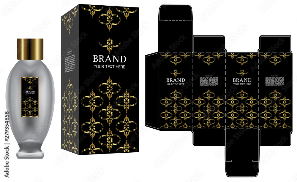 Packaging Design Label On Perfume Or Cosmetic Container With Black And Gold Luxury Box Template And Mockup Box Illustration Vector Stock Vector Adobe Stock Packaging Design Label On Perfume Or Cosmetic Container With Black And Gold Luxury Box Template And Mockup Box Illustration Vector Stock Vector Adobe Stock