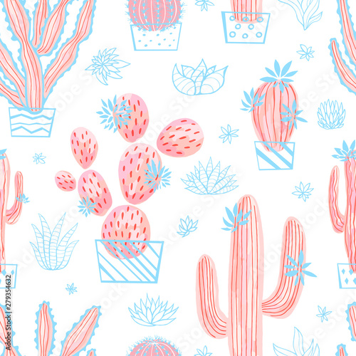 Cactus succulent wild seamless pattern flowers pastel color watercolor pink collections. Houseplant beautiful hand drawn vector illustration on white background.