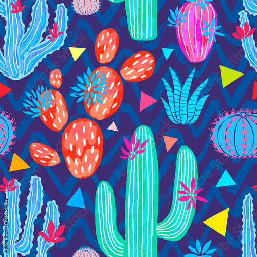 Cactuses succulents wild seamless pattern flowers colorful watercolor bright collections. Cacti beautiful trendy fashion fabric pattern. Hand drawn vector illustration.
