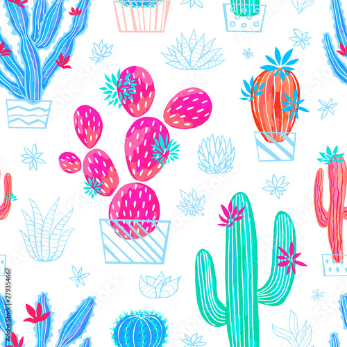 Cactus succulent wild seamless pattern flowers colorful watercolor bright collections. Houseplant beautiful trendy pattern on white background. Hand drawn vector illustration.
