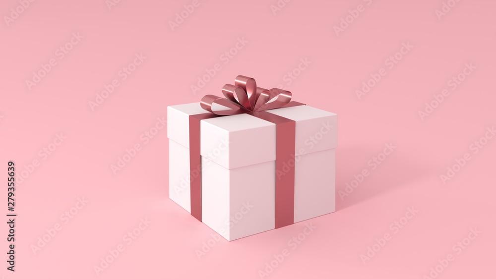 Fototapeta premium Gift box, white, on light pastel pink background with red shiny ribbon and bow - greeting card. Present box for women's day,birthday,valentine's day, surprise- 3d render, illustration with copy space.