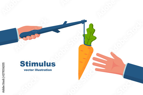 Stimulus concept. Business metaphor. Personnel management leadership. Incentive motivate people. Hand holds carrots on stick, businessman running for bait. Vector cartoon flat design. Attract earn.