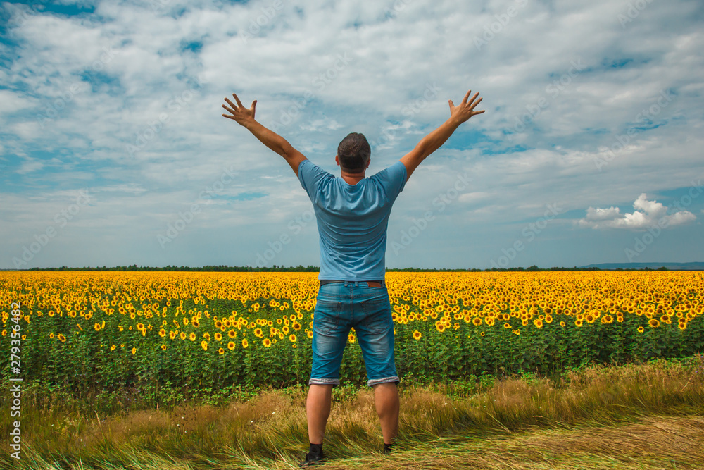 A man standing on a sunflower field with raised hands against the blue sky with clouds. A man standing on a sunflower field with raised hands against the blue sky with clouds.