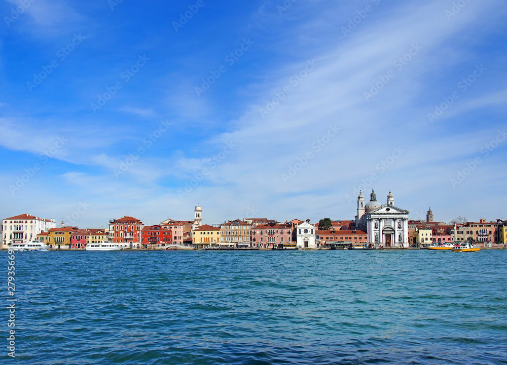 panoramic view of venice from the sea showing the zattere salute area with the church of santa maria del rosario and waterfront landmark buildings