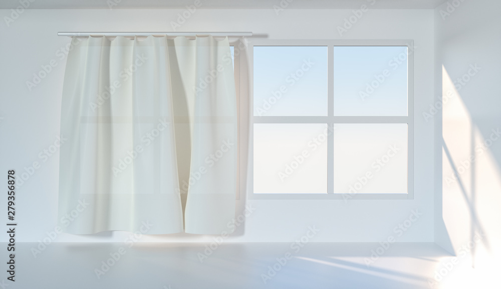 An empty room with sunshine come through the curtain, 3d rendering. An empty room with sunshine come through the curtain, 3d rendering.