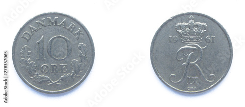 Danish 10 Ore 1961 year copper-nickel coin, Denmark. Coin shows a monogram of Danish King Frederick IX of Denmark. photo