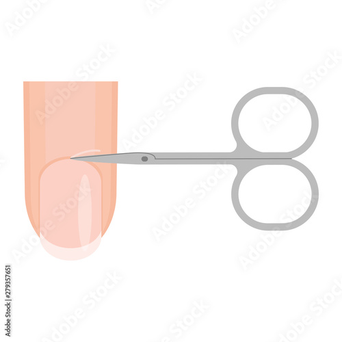 Cutting the cuticle with nail scissors. Finger and scissors. Vector illustration on white background