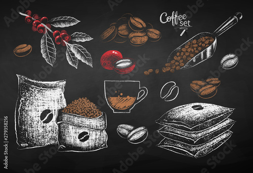Illustrations of coffee beans sack and leaves