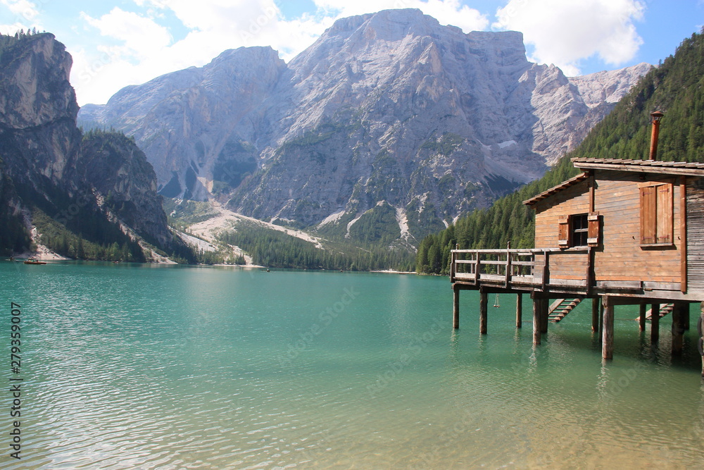 Braies alpine lake Alto Adige Dolomites Italy