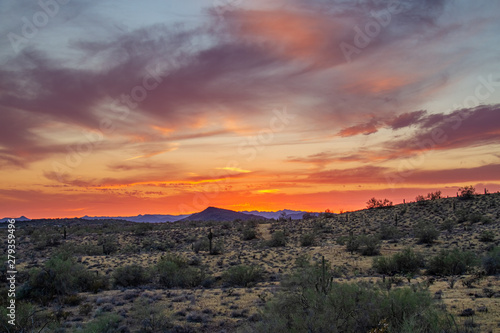A sunset over the Sonoran Desert of Arizona with high altitude clouds.