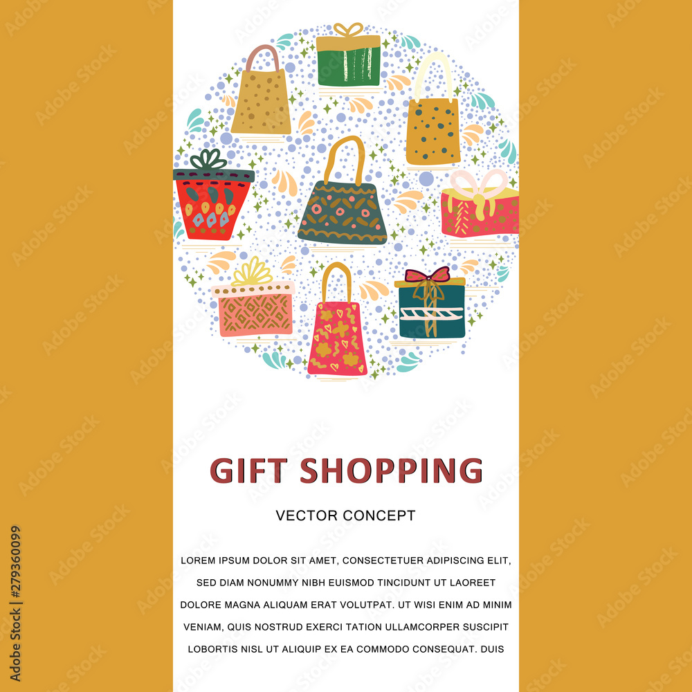 Vertical gift shopping template with circle shape with gift, bags, presents