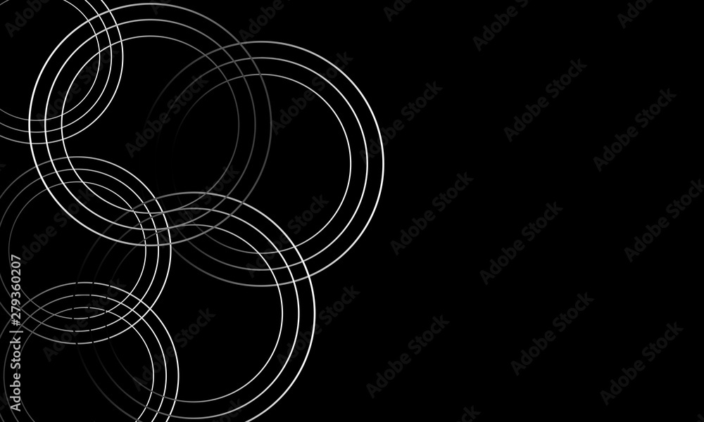 Abstract  dark futuristic background with glowing neon circles and waves. Vector black and white illustration. 